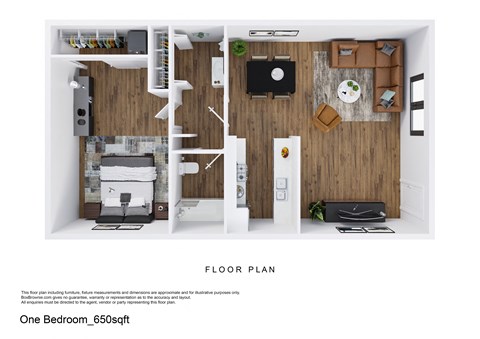 Floor plan for 1 bed, 1 bath, 650 sqft